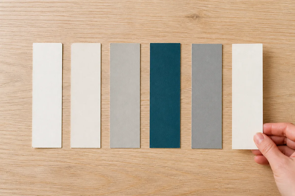 Nuancier de blancs cassés, gris tièdes et bleu canard posé sur une planche de bois clair