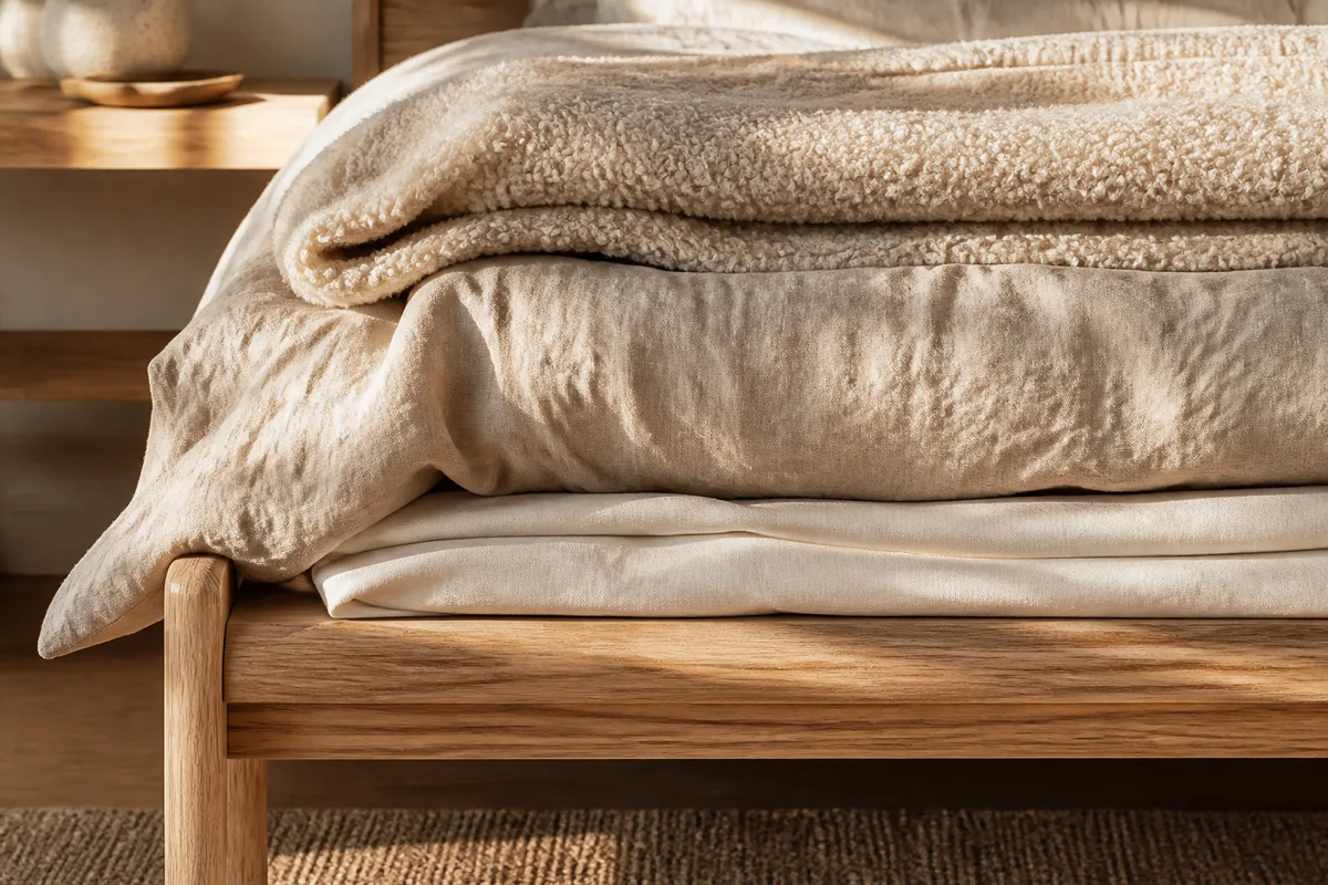 Textiles superposés en lin froissé et laine au pied d&rsquo;un lit en bois clair
