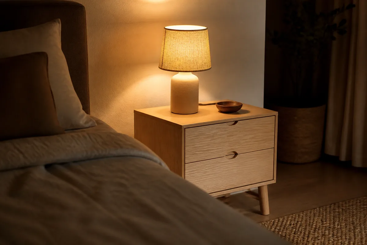 Table de chevet en frêne clair et lampe allumée en lumière chaude dans une chambre nordique
