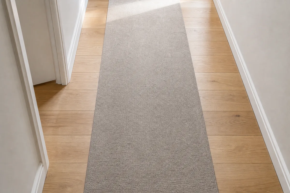 Parquet clair posé en travers dans un couloir, lames perpendiculaires au passage