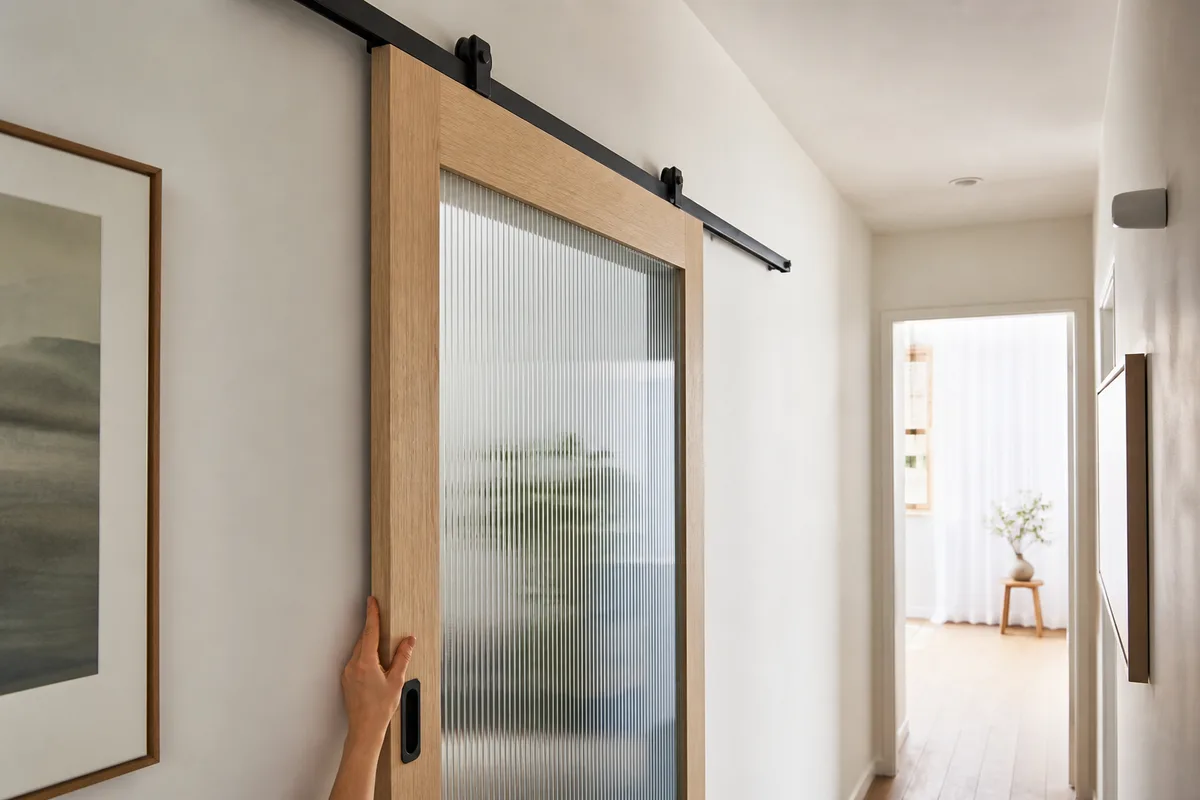Porte coulissante en applique le long du mur d’un couloir étroit et clair