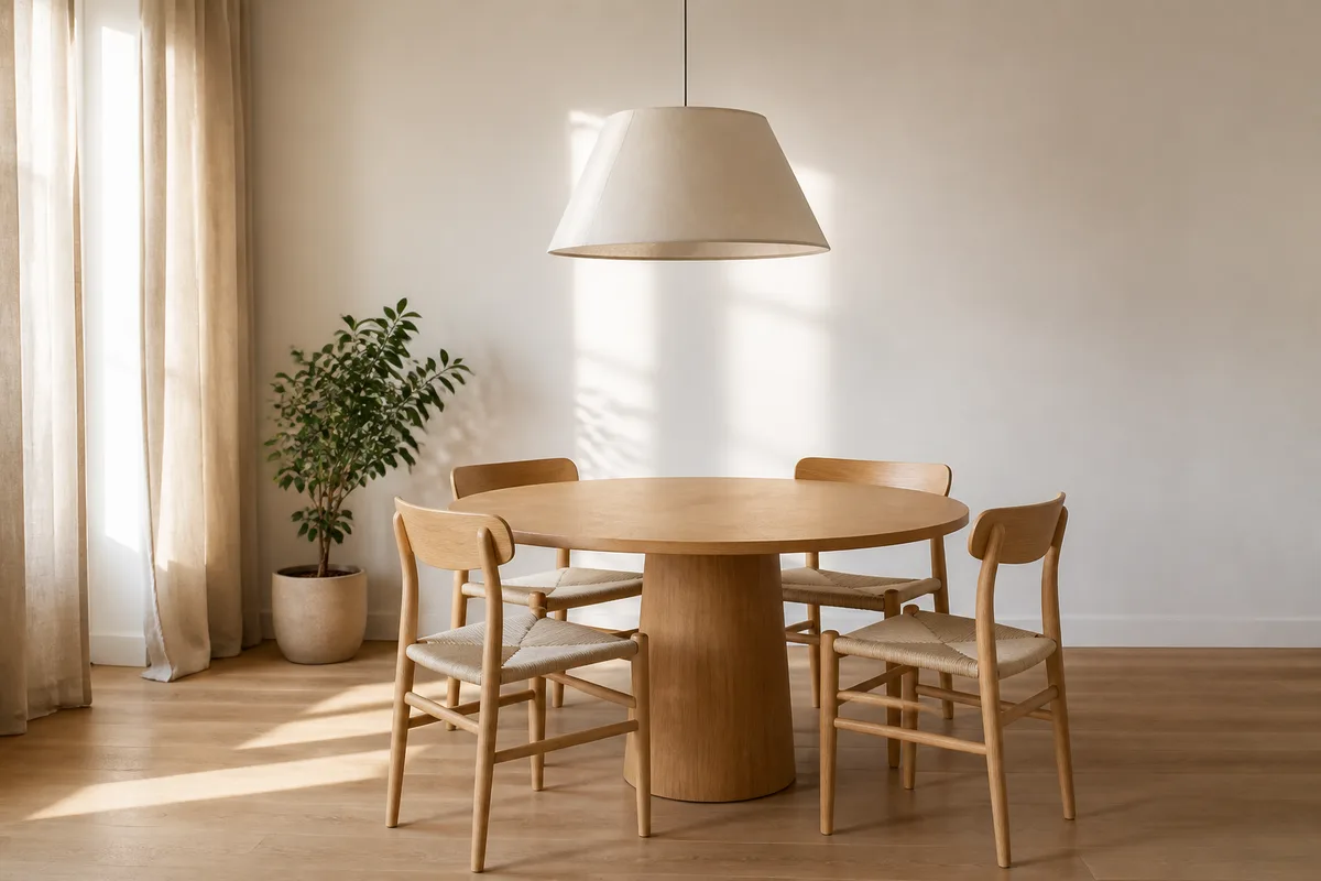 Coin repas d’un salon français avec table ronde en bois nue et suspension en tissu clair