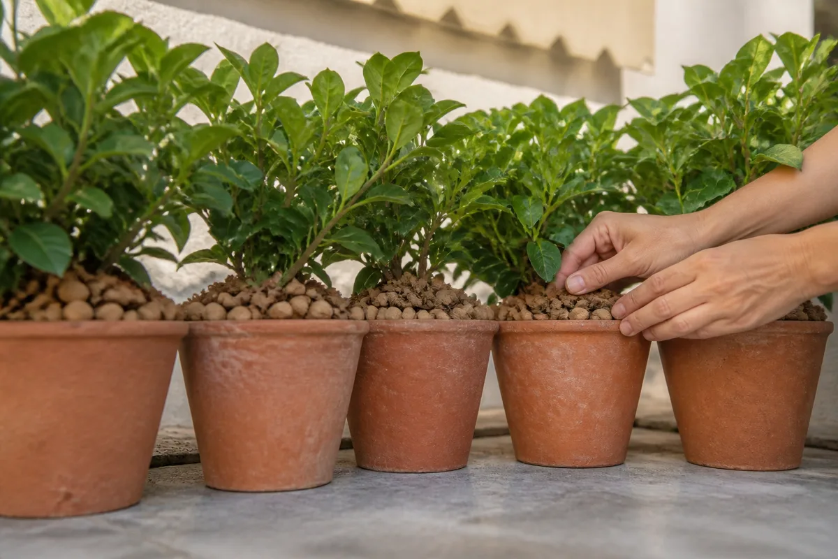 Pots en terre cuite regroupés à l&rsquo;ombre sur un balcon avant un départ en vacances