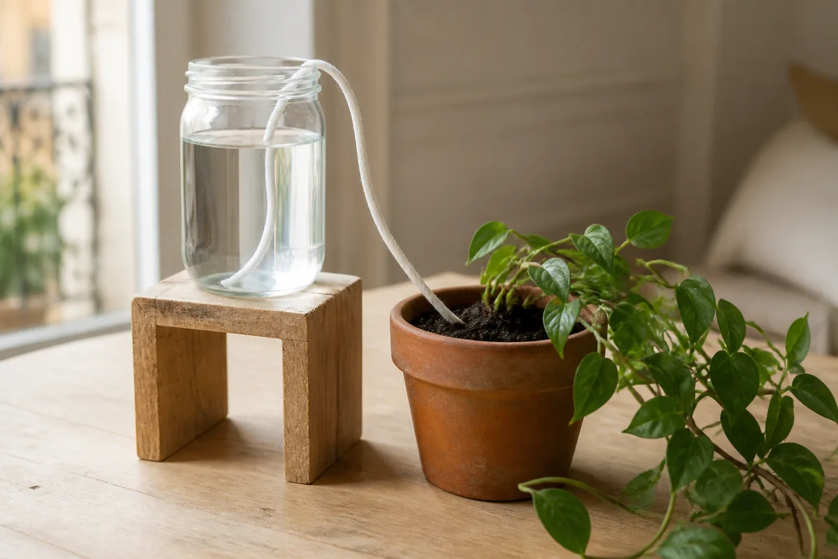 Cordon de coton reliant un bocal en verre à un pot de plante verte