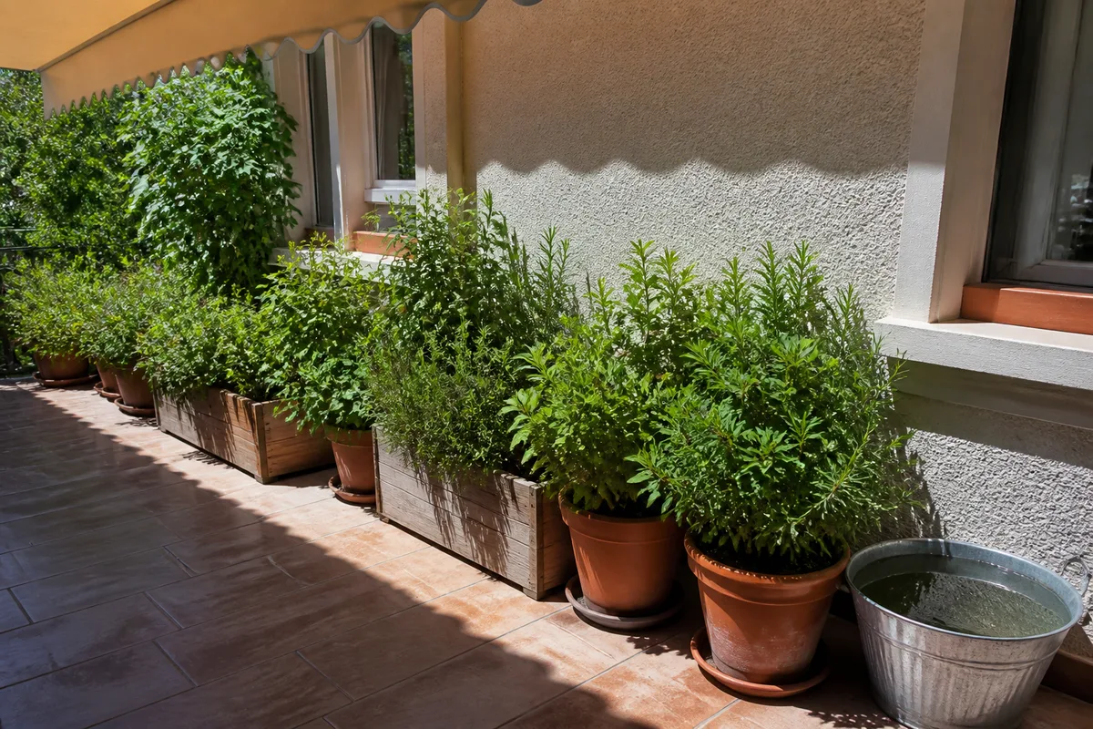 Jardinières de balcon rassemblées au sol sous l&rsquo;ombre portée d&rsquo;un store en été