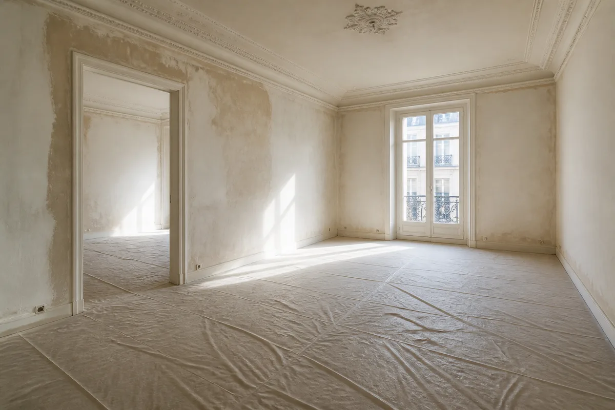 Pièce vide d’un appartement français en cours de rénovation, bâche de protection au sol