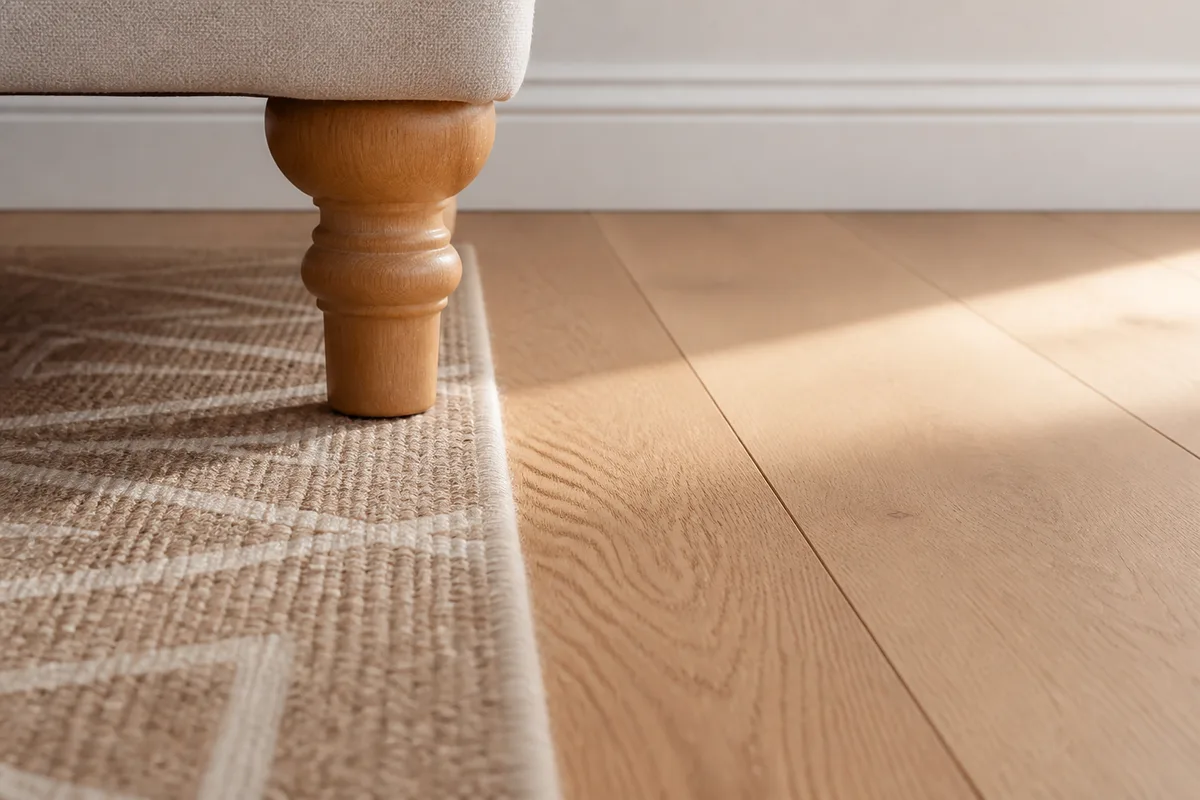 Bord d un tapis en laine posé sur un parquet en chêne clair dans un salon français