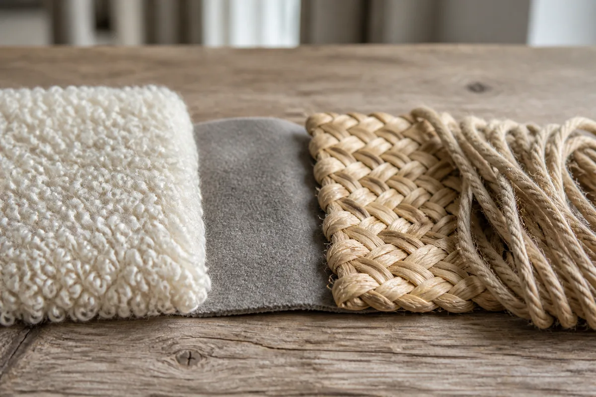Mèches de laine bouclée et fibre végétale tressée posées côte à côte sur une table en bois nu