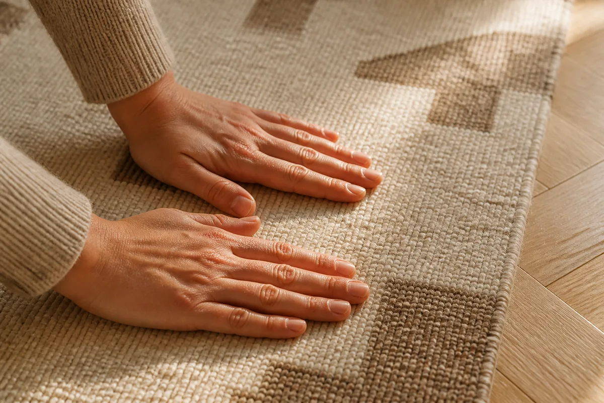 Mains passant sur la surface d un tapis en laine tissée à motif géométrique simple