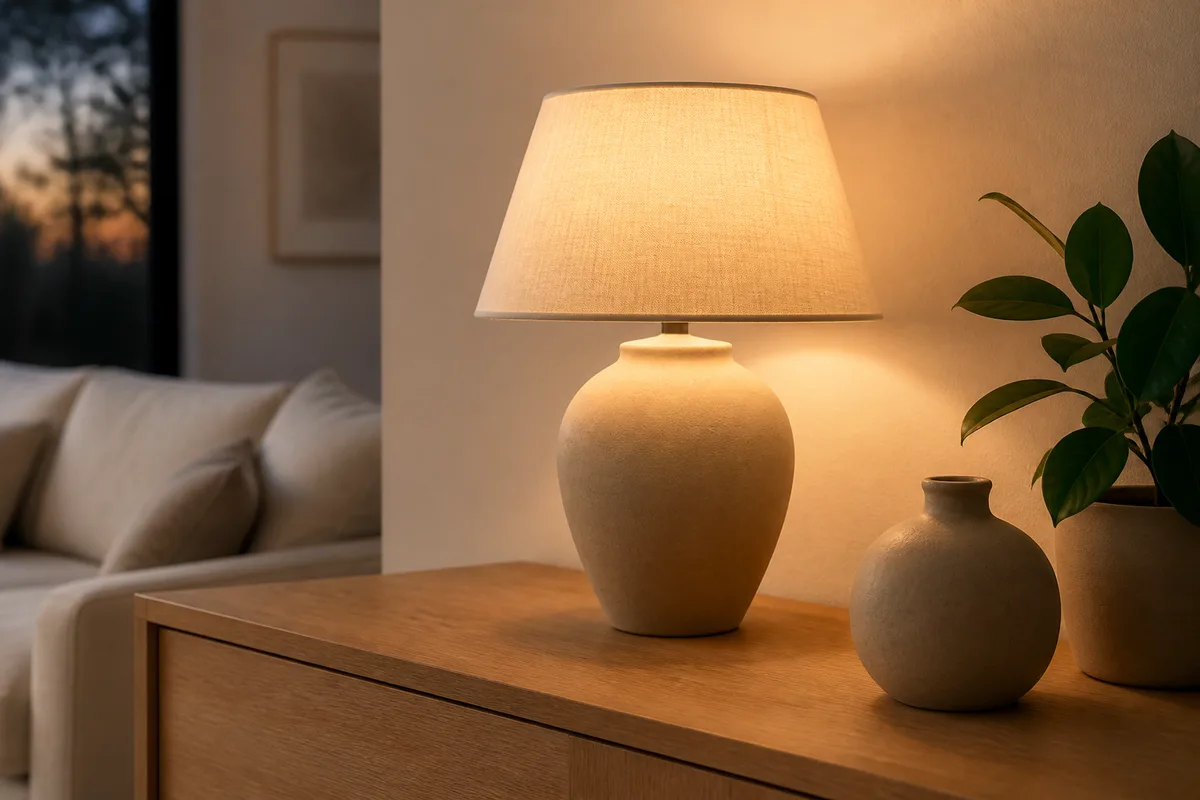 Salon aux murs beiges éclairé le soir par une lampe à poser et un lampadaire en lumière ambrée