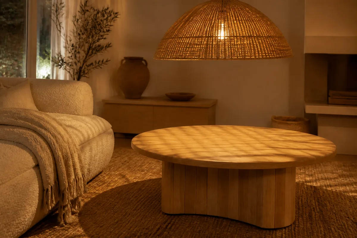Suspension en rotin descendue au-dessus d&rsquo;une table basse en bois clair dans un séjour chaleureux