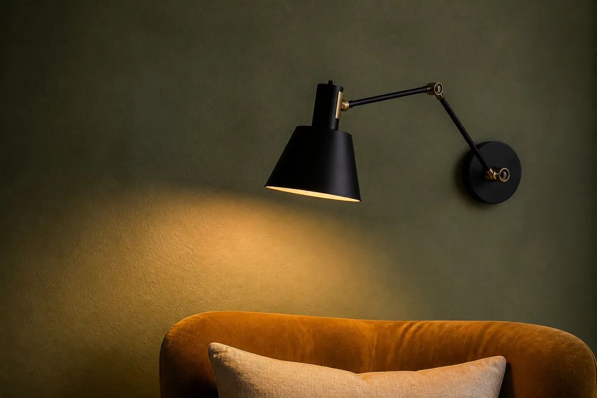 Applique murale en métal noir diffusant une lumière chaude sur un mur peint en vert sauge