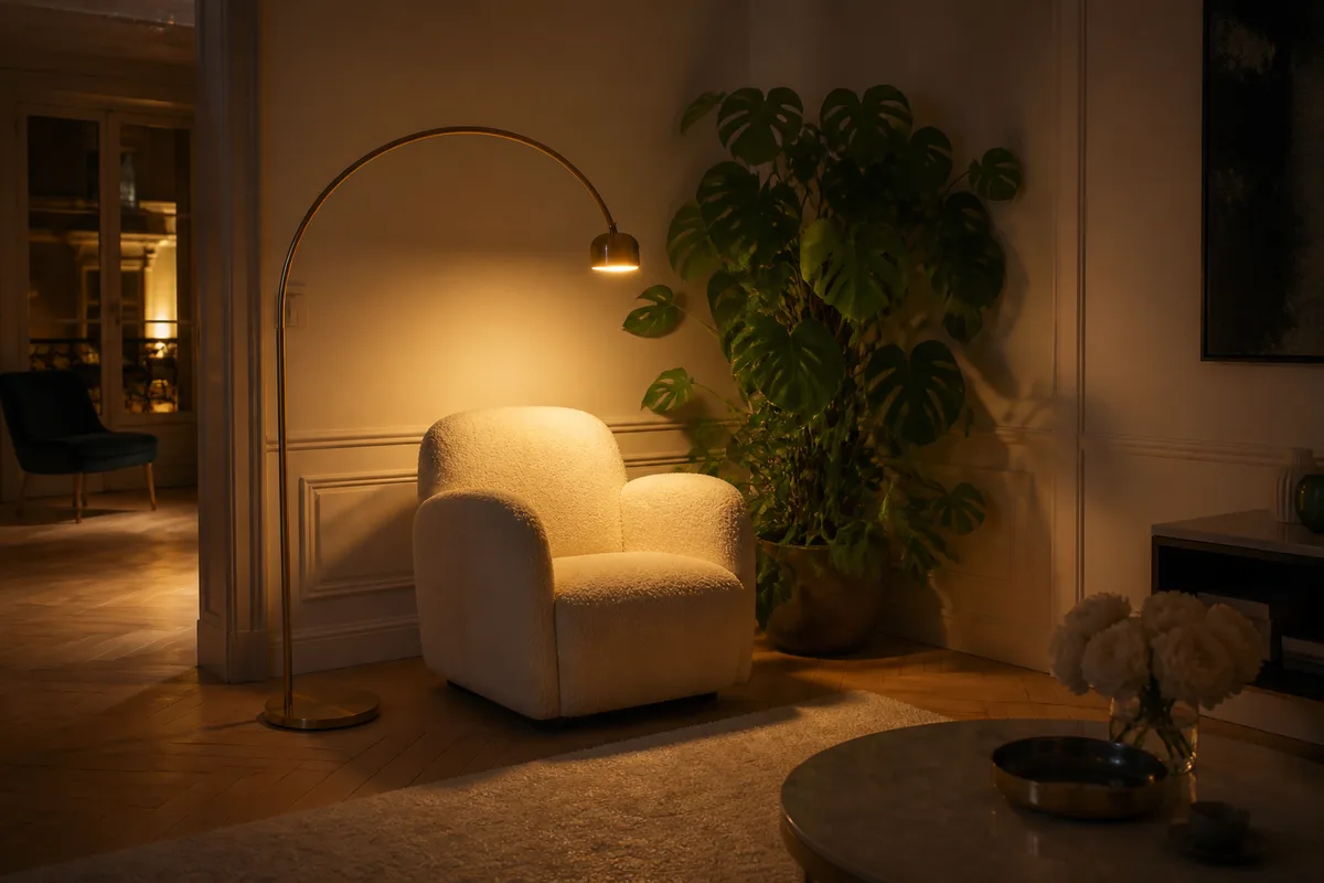 Lampadaire à arc éclairant l&rsquo;angle d&rsquo;un salon avec fauteuil en tissu bouclé et plante verte