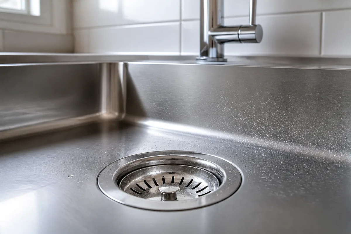 Bonde d’évier en inox brossé dans un évier de cuisine française éclairé par la fenêtre