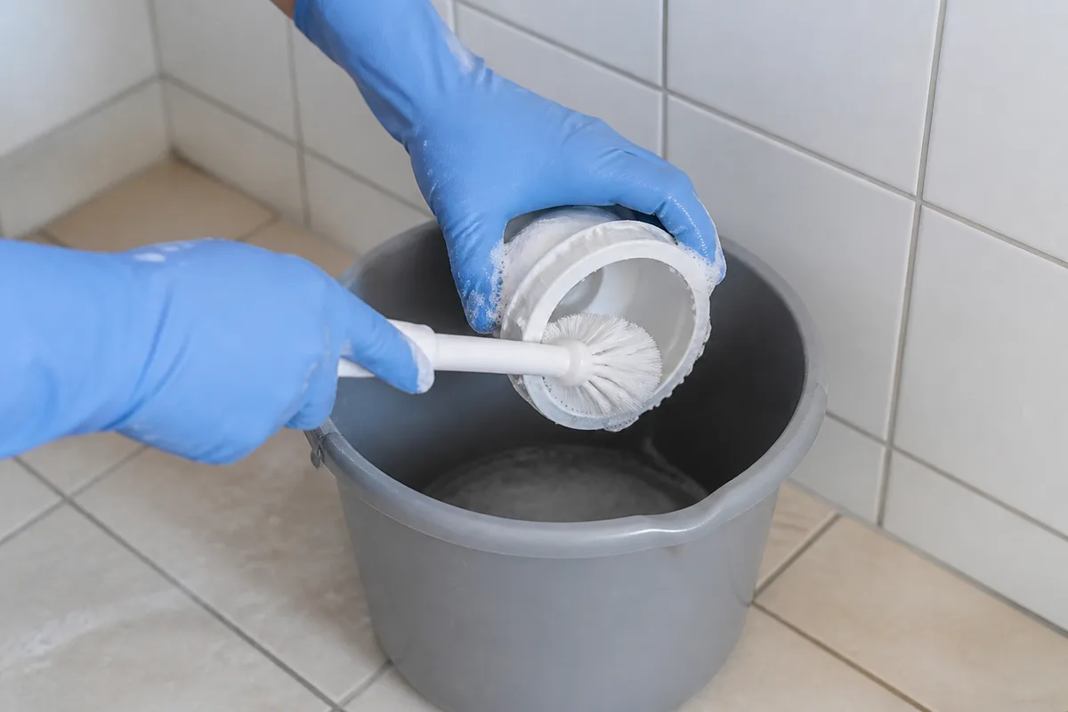 Mains gantées nettoyant une cloche de siphon au-dessus d’un seau dans une salle de bain carrelée claire