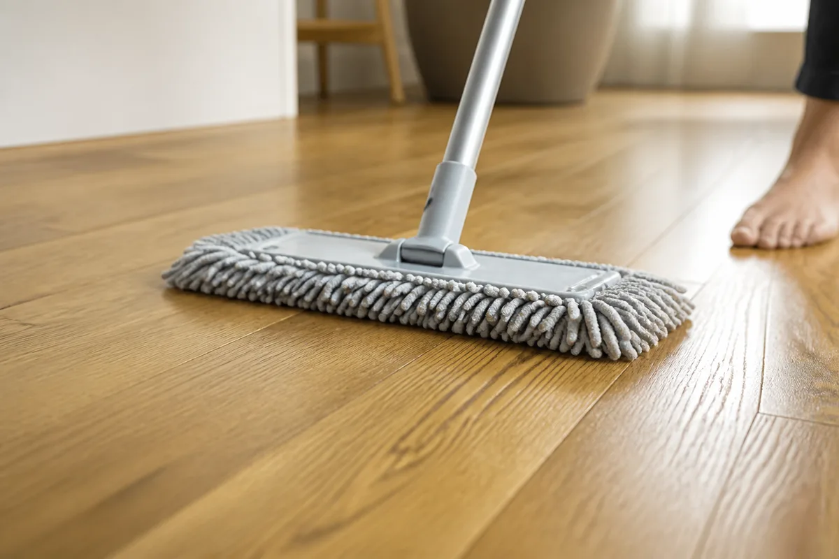 Serpillière microfibre bien essorée passée sur un parquet en chêne vitrifié
