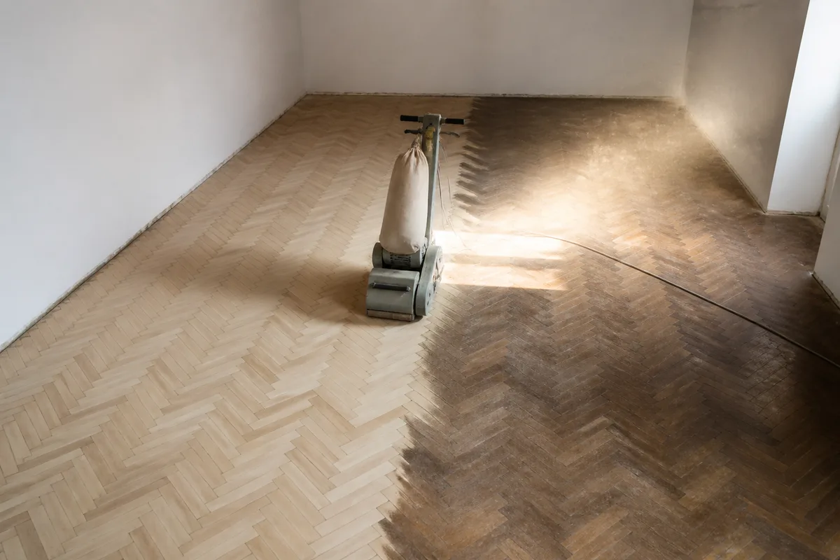 Pièce vide au parquet de chêne partiellement poncé, ponceuse à bande posée au centre