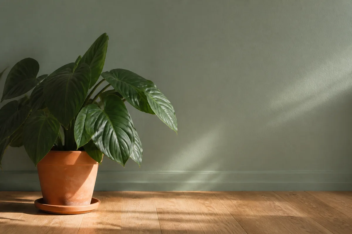 Pan de mur peint uni vert sauge éclairé par la lumière rasante du matin, plante verte devant