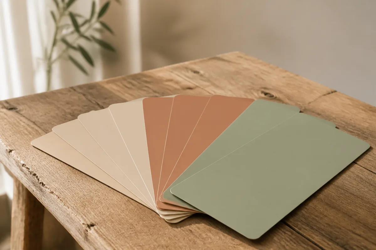 Nuancier de peinture déplié en éventail sur une table en bois nue près d&rsquo;une fenêtre