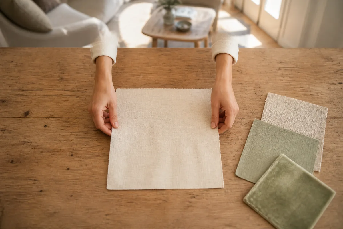 Mains posant un carré de tissu écru sur une table en bois nue, échantillons de textile à côté
