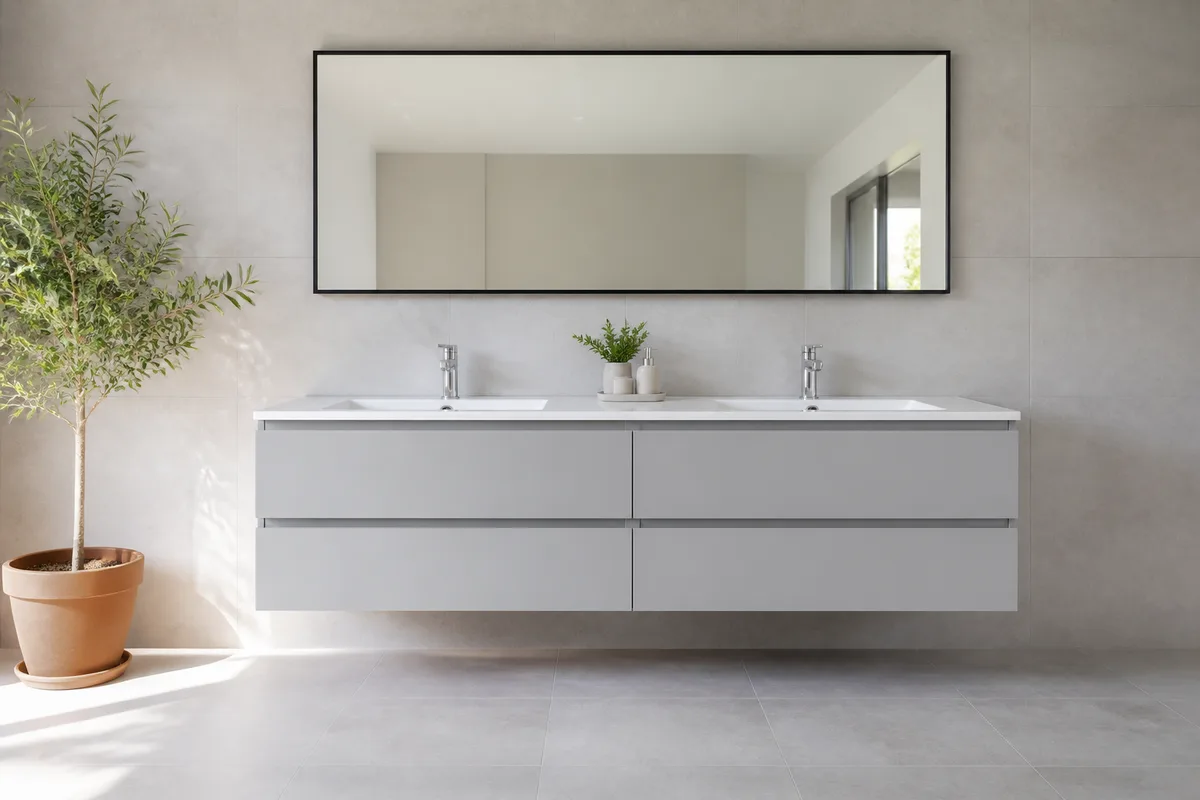 Salle de bain claire avec meuble suspendu fixé au mur et miroir rectangulaire