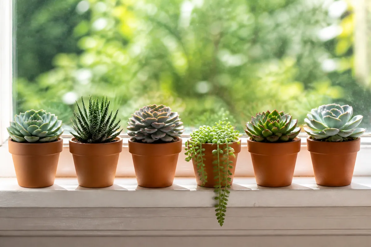 Rebord de fenêtre lumineux garni de petites succulentes en pots de terre cuite unis