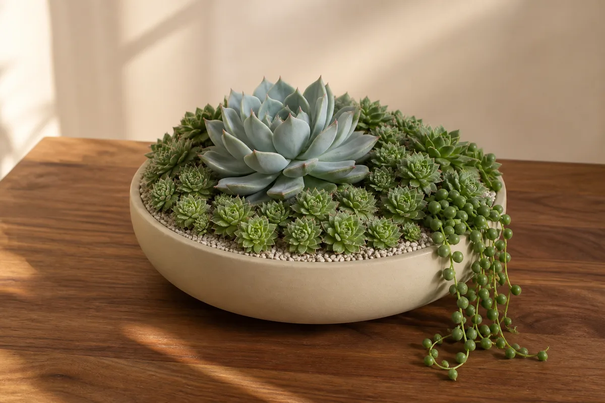 Composition de succulentes variées dans une coupe basse en céramique unie sur une table en bois