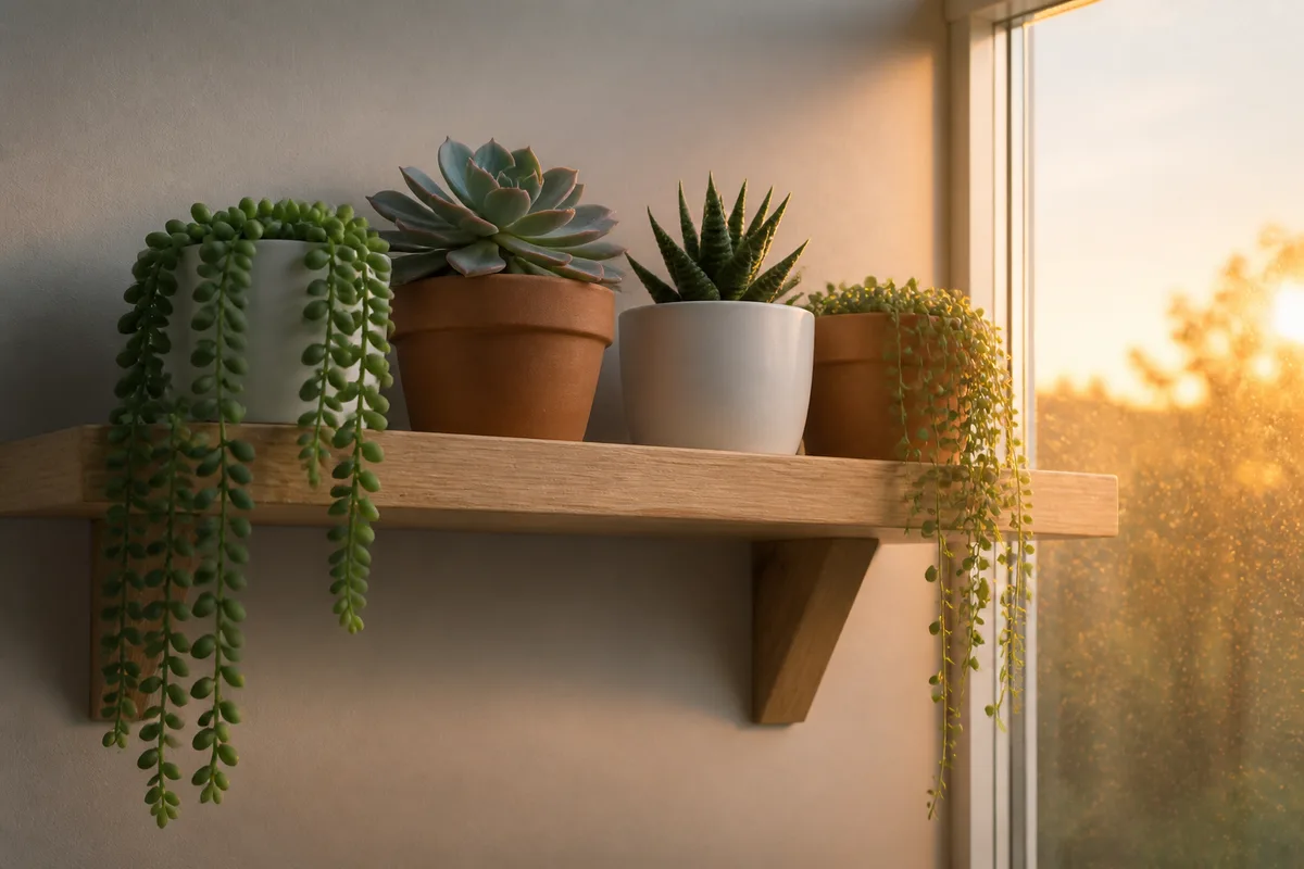Étagère en bois clair portant des succulentes retombantes devant une fenêtre en fin de journée