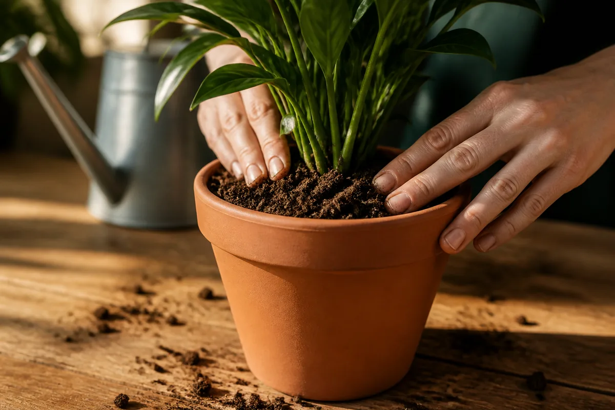 Mains tassant du terreau autour d’une plante verte fraîchement installée dans un pot en terre cuite