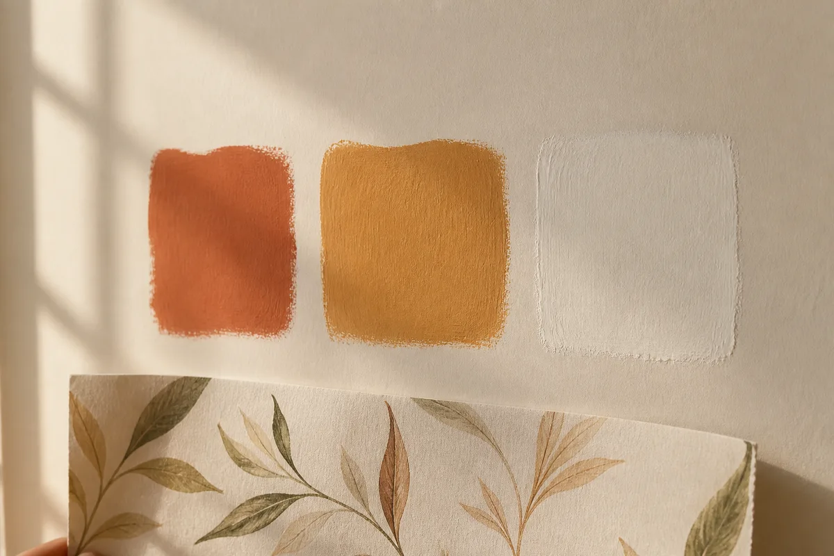 Trois carrés de peinture mate appliqués sur un mur clair avec une chute de papier peint végétal