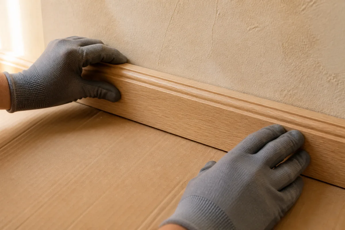 Mains gantées ajustant une plinthe en bois clair au pied d&rsquo;un mur enduit beige