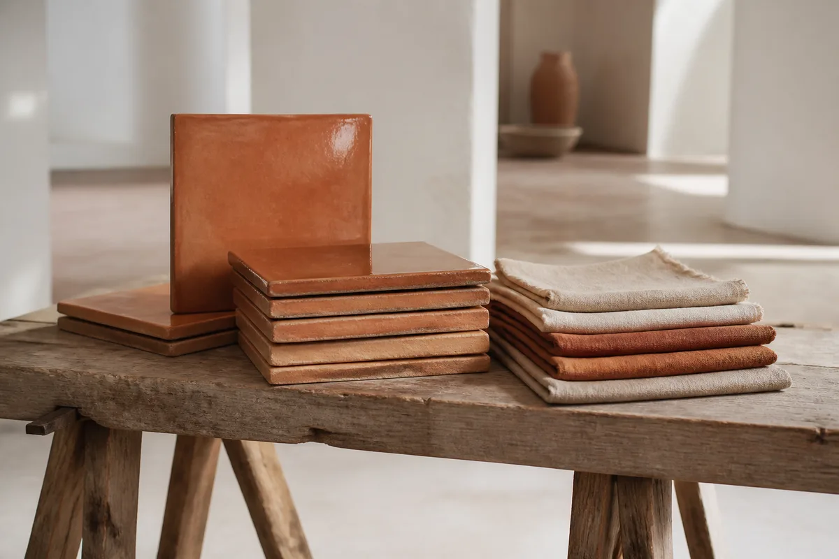 Tréteau de bois brut portant des carreaux de faïence unis et des coupons de tissu terracotta