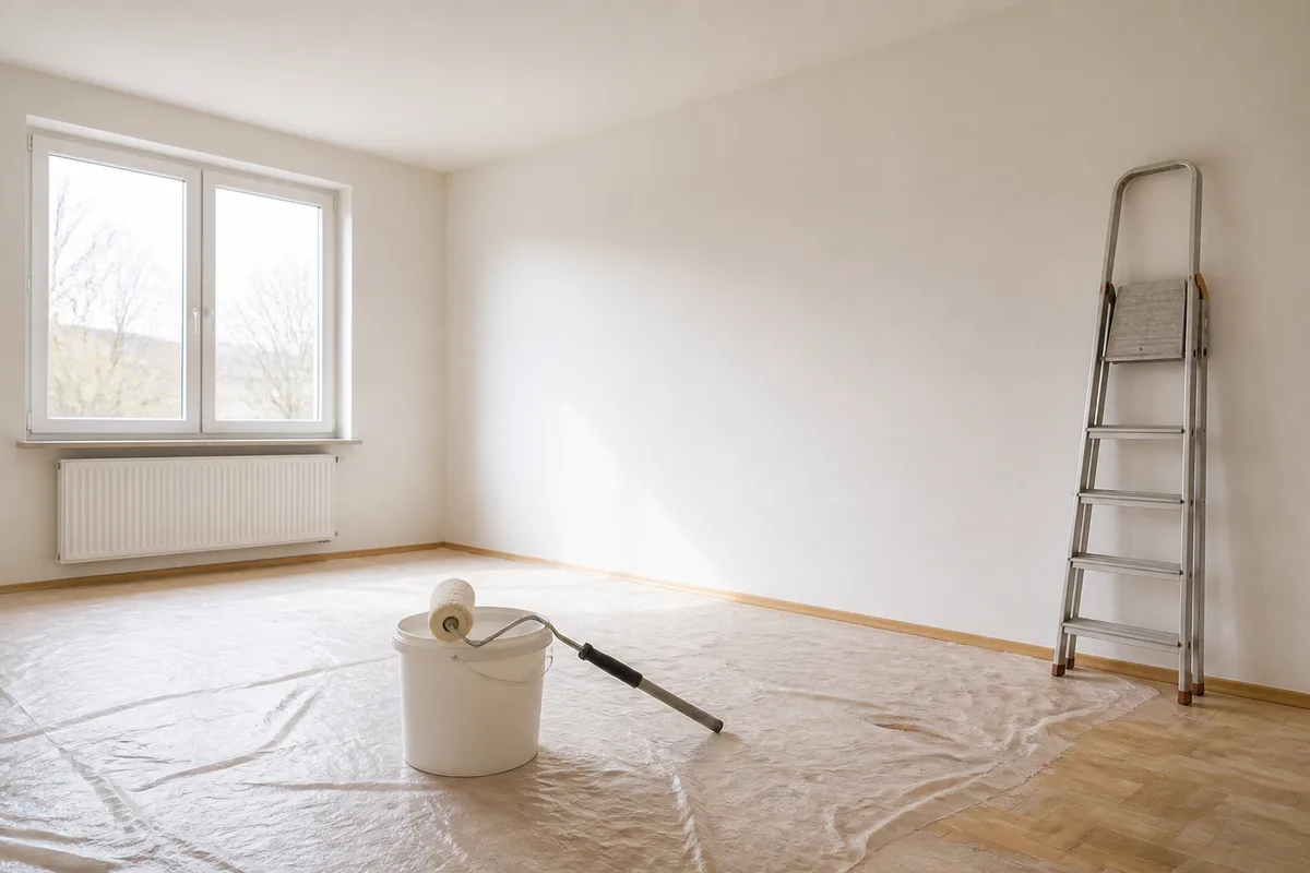Pièce vide aux murs fraîchement peints avec un rouleau posé sur un seau de chantier