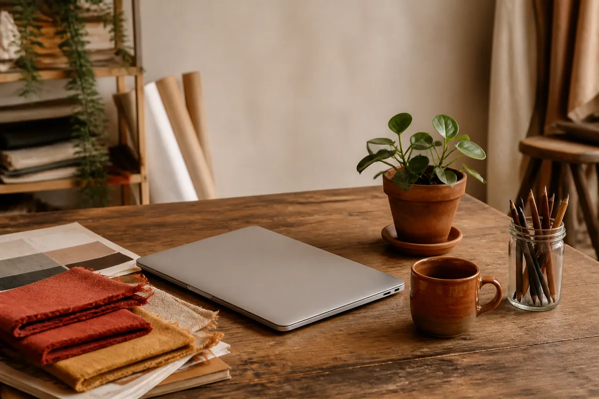 Coin bureau d&rsquo;atelier avec ordinateur portable refermé, tasse en céramique et échantillons de tissu terracotta