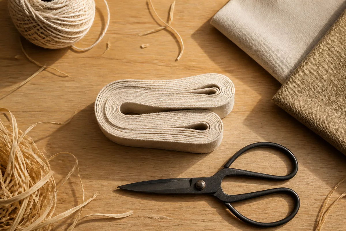 Chutes de tissu, ciseaux de couturière et galon de lin enroulé sur un plan de travail en bois brut